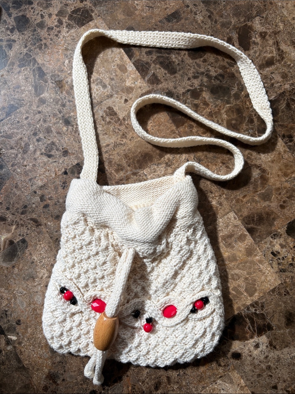 Source Unknown Cream Crochet Kids Crossbody Bag with Pink Accents
